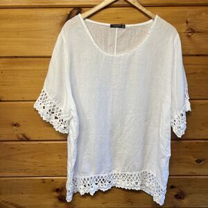 Lungo L’arno Linen Top Women’s 2X White Lace Trim Hem Short Sleeve , Italy